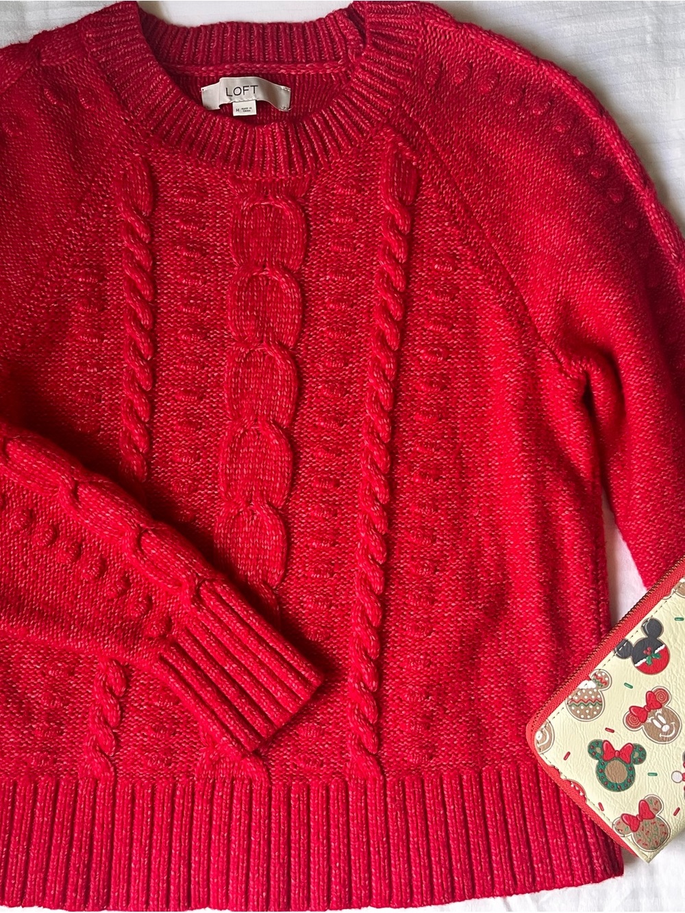 LOFT Bright Red Cable-Knit Crewneck Sweater